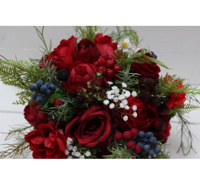 Wedding bouquet in red colors with berries. Bridal bouquet.  Faux bouquet. Bridesmaid bouquet. 5050