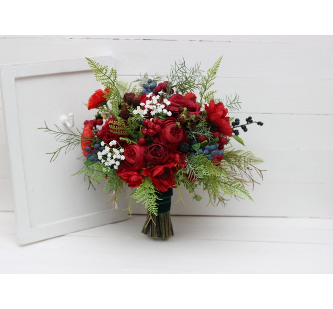 Wedding bouquet in red colors with berries. Bridal bouquet.  Faux bouquet. Bridesmaid bouquet. 5050