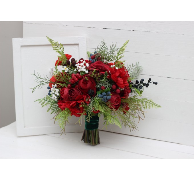 Wedding bouquet in red colors with berries. Bridal bouquet.  Faux bouquet. Bridesmaid bouquet. 5050