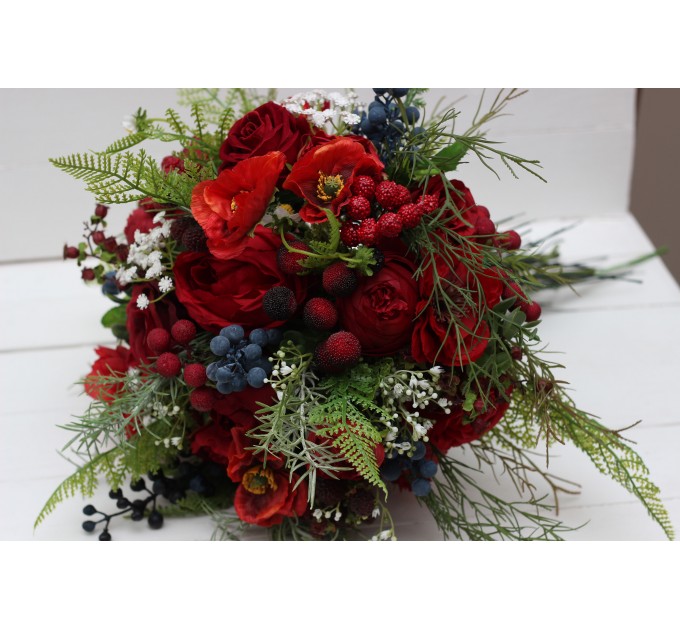 Wedding bouquet in red colors with berries. Bridal bouquet.  Faux bouquet. Bridesmaid bouquet. 5050