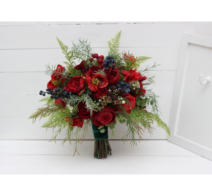 Wedding bouquet in red colors with berries. Bridal bouquet.  Faux bouquet. Bridesmaid bouquet. 5050