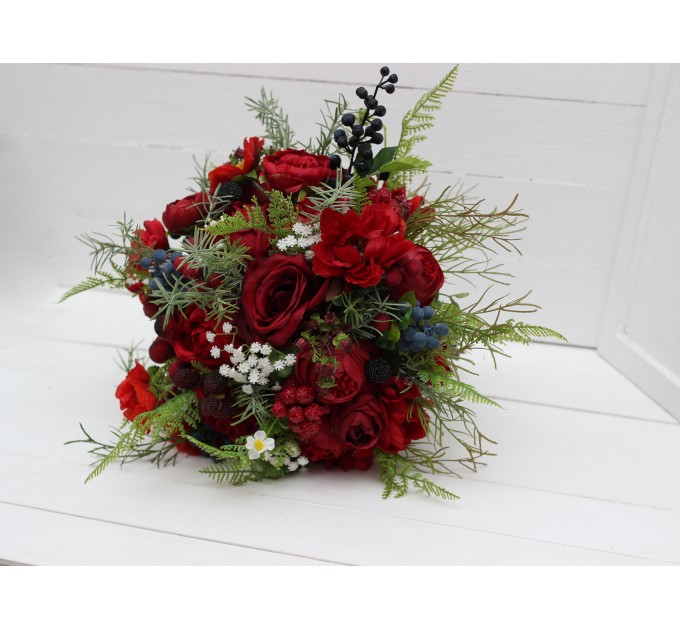 Wedding bouquet in red colors with berries. Bridal bouquet.  Faux bouquet. Bridesmaid bouquet. 5050
