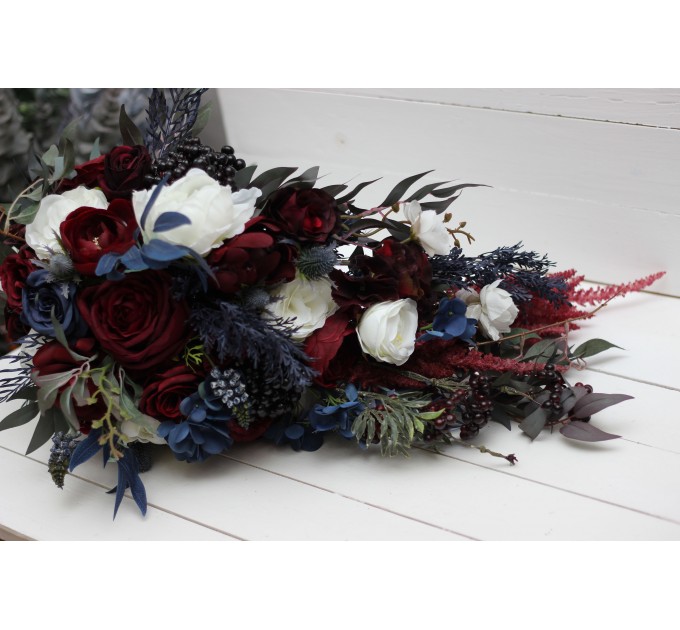 Wedding bouquet in burgundy white navy blue colors. Bridal bouquet. Cascading bouquet. Faux bouquet. Bridesmaid bouquet. 5051