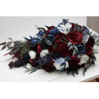 Wedding bouquet in burgundy white navy blue colors. Bridal bouquet. Cascading bouquet. Faux bouquet. Bridesmaid bouquet. 5051