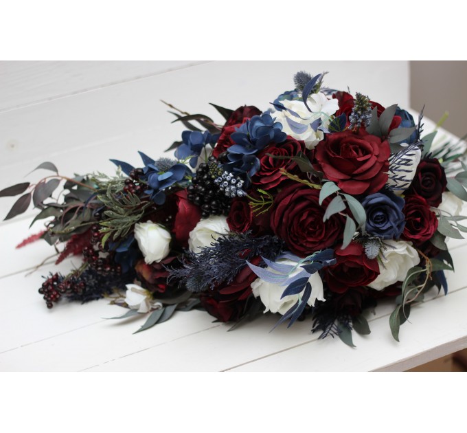Wedding bouquet in burgundy white navy blue colors. Bridal bouquet. Cascading bouquet. Faux bouquet. Bridesmaid bouquet. 5051