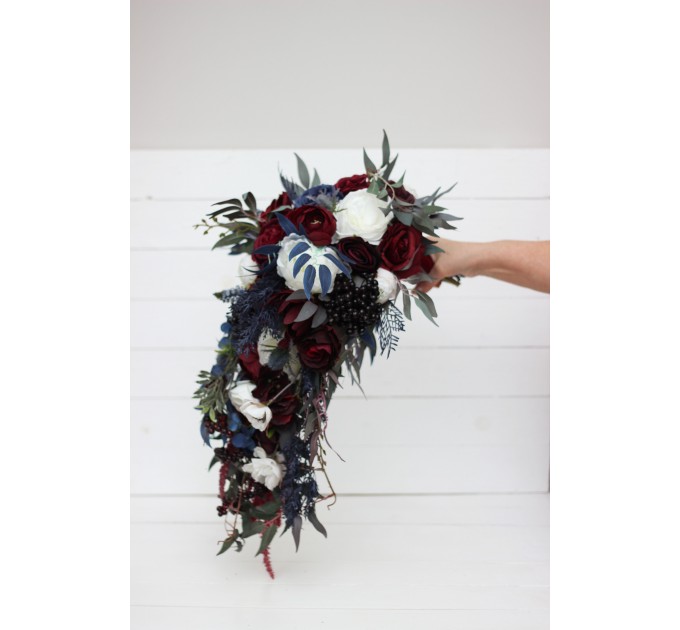 Wedding bouquet in burgundy white navy blue colors. Bridal bouquet. Cascading bouquet. Faux bouquet. Bridesmaid bouquet. 5051