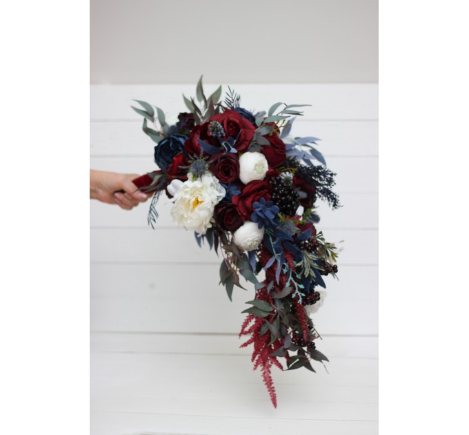 Wedding bouquet in burgundy white navy blue colors. Bridal bouquet. Cascading bouquet. Faux bouquet. Bridesmaid bouquet. 5051