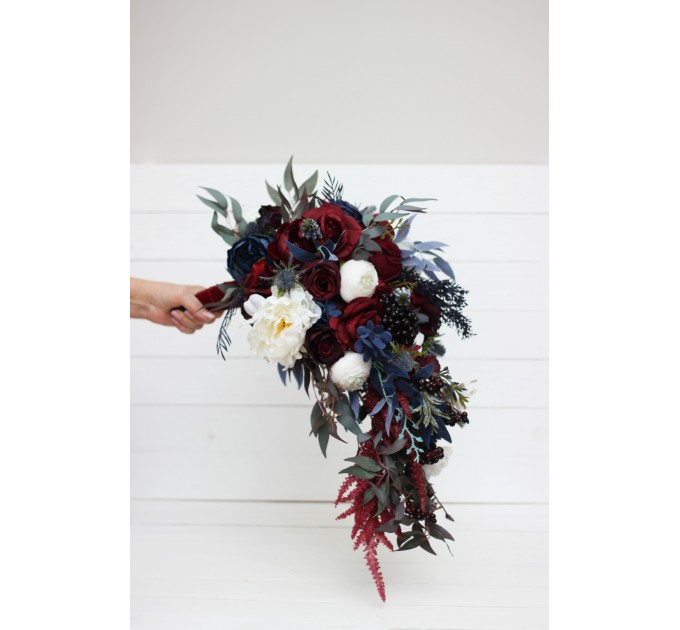Wedding bouquet in burgundy white navy blue colors. Bridal bouquet. Cascading bouquet. Faux bouquet. Bridesmaid bouquet. 5051