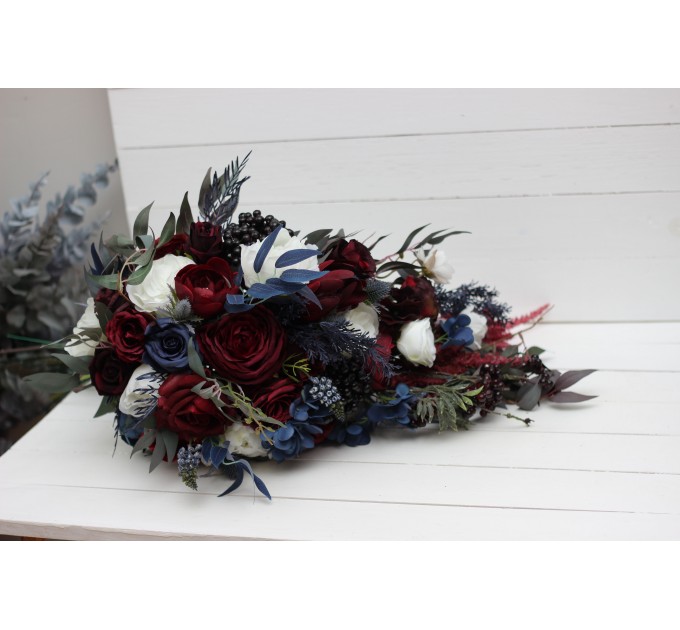 Wedding bouquet in burgundy white navy blue colors. Bridal bouquet. Cascading bouquet. Faux bouquet. Bridesmaid bouquet. 5051