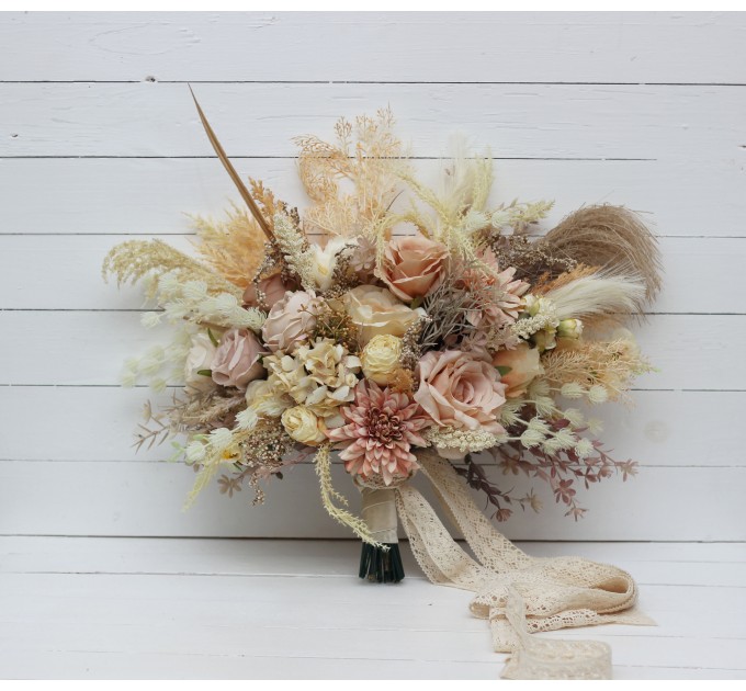 Wedding bouquets in ivory cream sand colors. Bridal bouquet. Faux bouquet. Bridesmaid bouquet. 5049-3