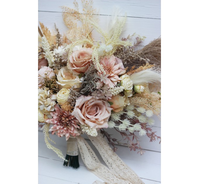 Wedding bouquets in ivory cream sand colors. Bridal bouquet. Faux bouquet. Bridesmaid bouquet. 5049-3