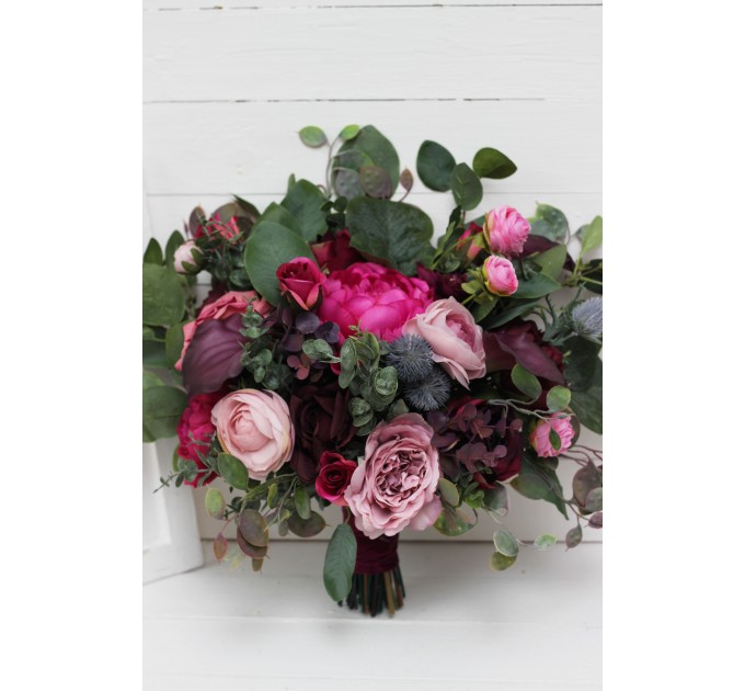 Wedding bouquets in purple and magenta colors. Bridal bouquet. Faux bouquet. Bridesmaid bouquet. 5053