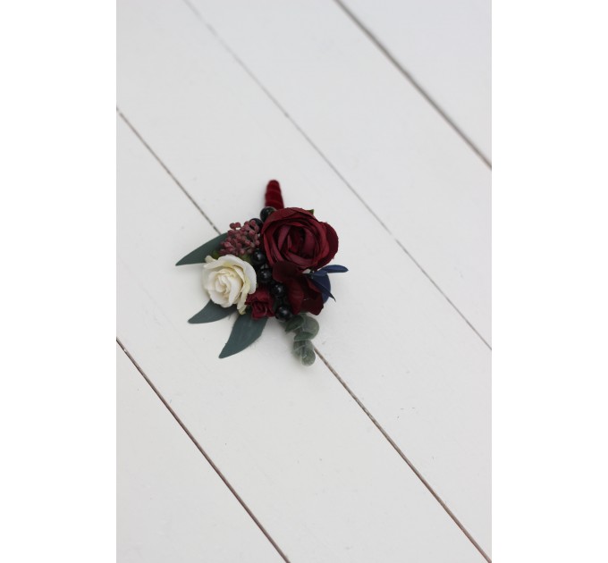  Wedding boutonnieres and wrist corsage  in burgundy white navy blue color scheme. Flower accessories. 5051
