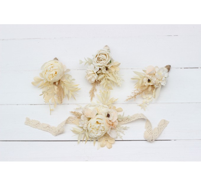 Wedding Boutonnieres & Wrist Corsage in Champagne, Ivory & Cream | Faux Flower Accessories