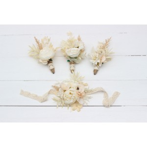  Wedding boutonnieres and wrist corsage  in champagne ivory cream color scheme. Flower accessories. 5206