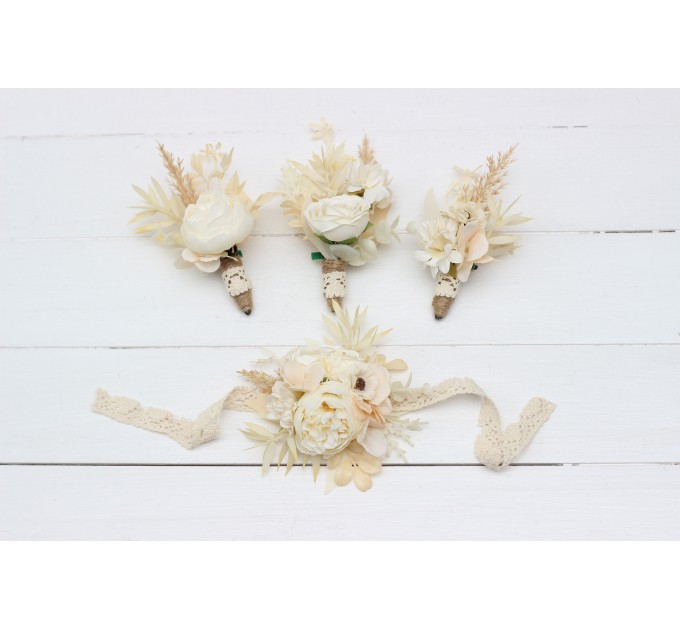 Wedding Boutonnieres & Wrist Corsage in Champagne, Ivory & Cream | Faux Flower Accessories