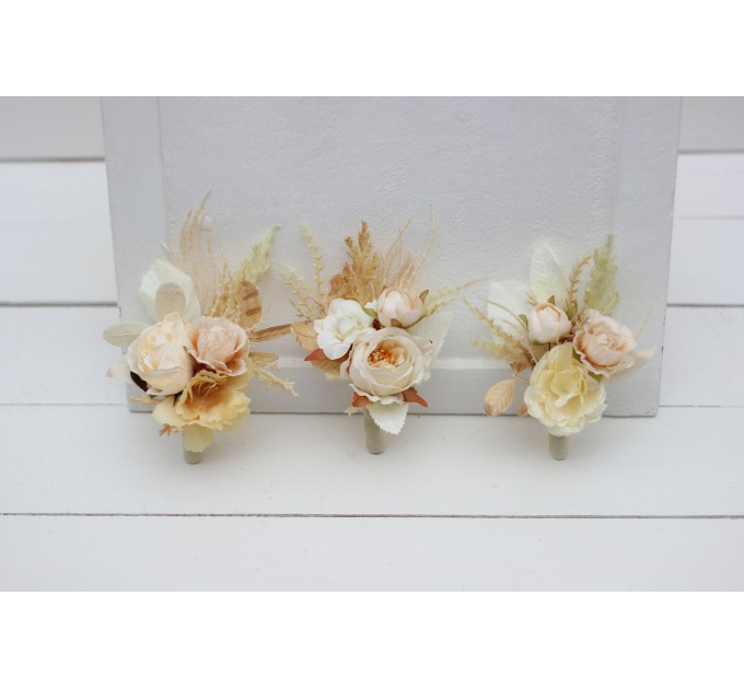 Wedding boutonnieres and wrist corsage  in champagne ivory cream color scheme. Flower accessories. 5049-2