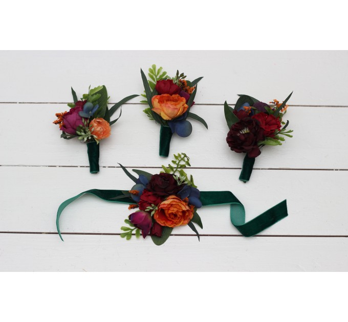  Wedding boutonnieres and wrist corsage  in emerald green orange purple color scheme. Flower accessories. 5052