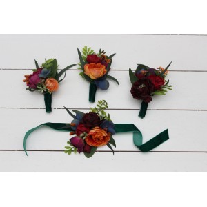  Wedding boutonnieres and wrist corsage  in emerald green orange purple color scheme. Flower accessories. 5052