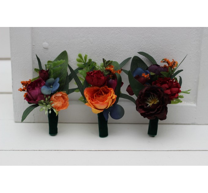  Wedding boutonnieres and wrist corsage  in emerald green orange purple color scheme. Flower accessories. 5052
