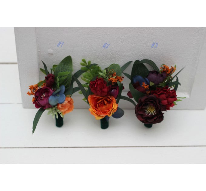  Wedding boutonnieres and wrist corsage  in emerald green orange purple color scheme. Flower accessories. 5052
