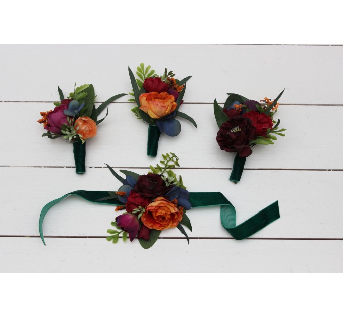  Wedding boutonnieres and wrist corsage  in emerald green orange purple color scheme. Flower accessories. 5052