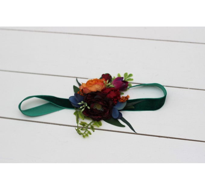  Wedding boutonnieres and wrist corsage  in emerald green orange purple color scheme. Flower accessories. 5052