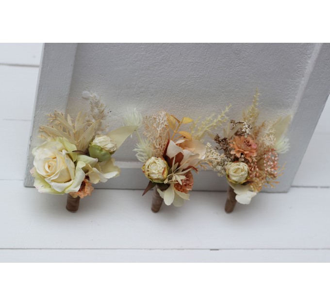  Wedding boutonnieres and wrist corsage  in ivory cream sand  color scheme. Flower accessories. 5049-3