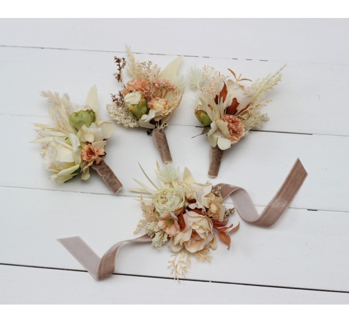  Wedding boutonnieres and wrist corsage  in ivory cream sand  color scheme. Flower accessories. 5049-3