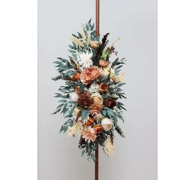  Flower arch arrangement in orange rust cinnamon peach colors.  Arbor flowers. Floral archway. Faux flowers for wedding arch. 5058