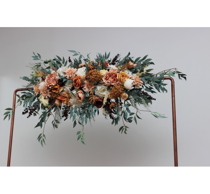  Flower arch arrangement in orange rust cinnamon peach colors.  Arbor flowers. Floral archway. Faux flowers for wedding arch. 5058