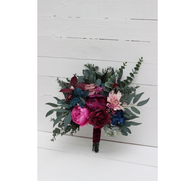 Jewel-tone wedding. Emerald green purple magenta teal flowers. Wedding flowers .Bridal bouquet.  Faux bouquet. Bridesmaid bouquet. 5055