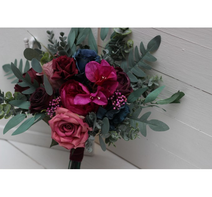 Jewel-tone wedding. Emerald green purple magenta teal flowers. Wedding flowers .Bridal bouquet.  Faux bouquet. Bridesmaid bouquet. 5055