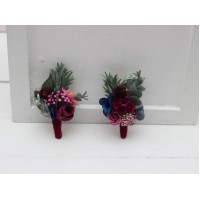 Jewel-tone wedding. Wedding boutonnieres and wrist corsage  in emerald green purple magenta teal color scheme. Flower accessories. 5055