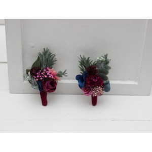 Jewel-tone wedding. Wedding boutonnieres and wrist corsage  in emerald green purple magenta teal color scheme. Flower accessories. 5055