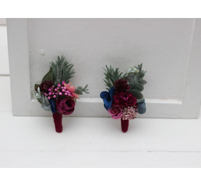 Jewel-tone wedding. Wedding boutonnieres and wrist corsage  in emerald green purple magenta teal color scheme. Flower accessories. 5055
