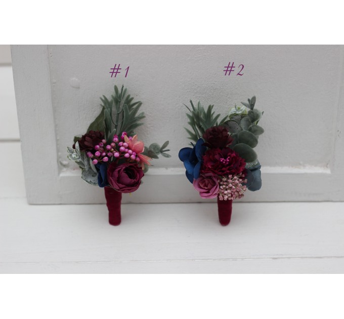Jewel-tone wedding. Wedding boutonnieres and wrist corsage  in emerald green purple magenta teal color scheme. Flower accessories. 5055