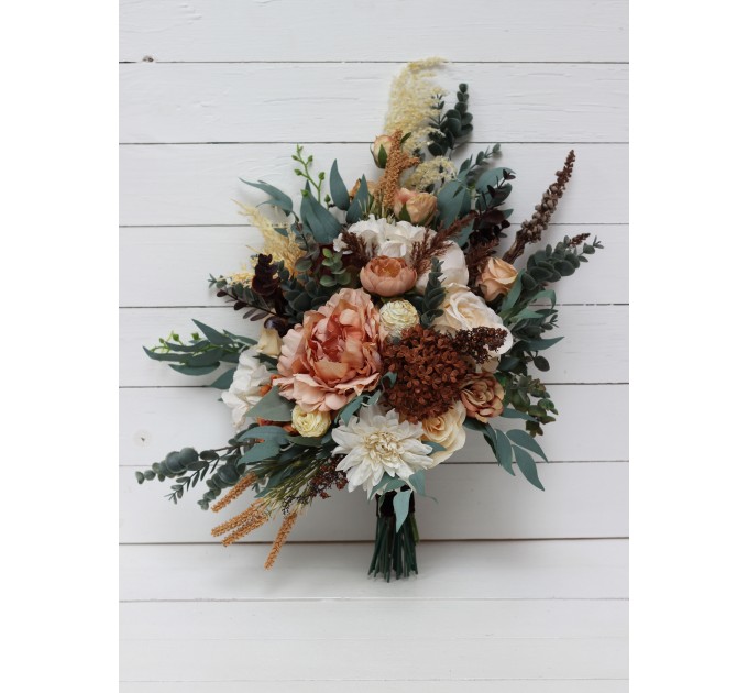 Wedding bouquets in orange rust cinnamon peach colors. Bridal bouquet. Faux bouquet. Bridesmaid bouquet. 5058