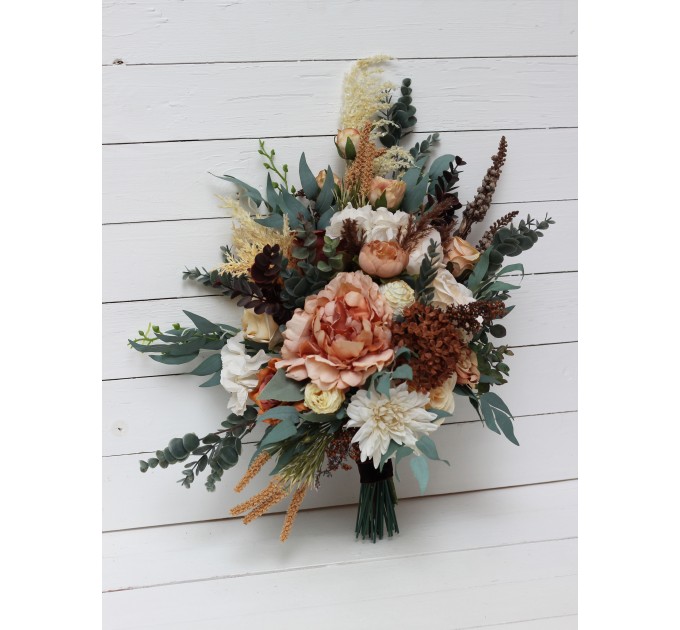 Wedding bouquets in orange rust cinnamon peach colors. Bridal bouquet. Faux bouquet. Bridesmaid bouquet. 5058