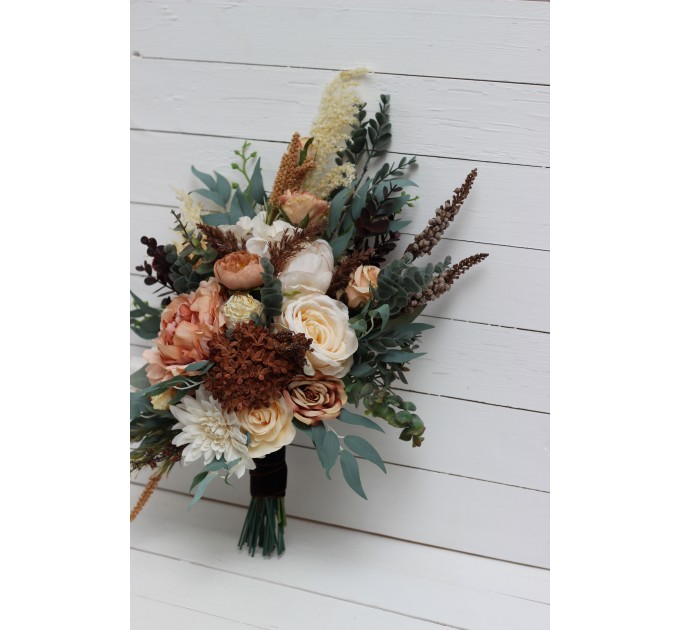 Wedding bouquets in orange rust cinnamon peach colors. Bridal bouquet. Faux bouquet. Bridesmaid bouquet. 5058