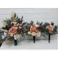 Wedding bouquets in orange rust cinnamon peach colors. Bridal bouquet. Faux bouquet. Bridesmaid bouquet. 5058