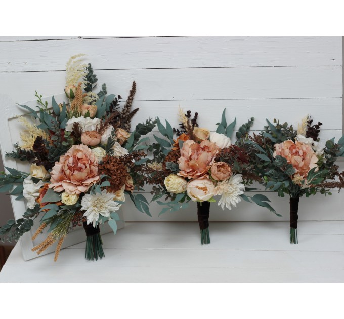 Wedding bouquets in orange rust cinnamon peach colors. Bridal bouquet. Faux bouquet. Bridesmaid bouquet. 5058