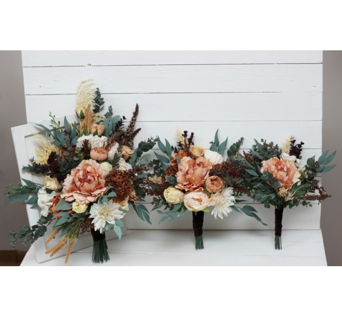 Wedding bouquets in orange rust cinnamon peach colors. Bridal bouquet. Faux bouquet. Bridesmaid bouquet. 5058