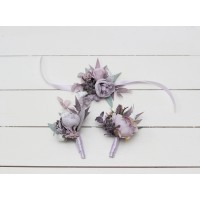  Wedding boutonnieres and wrist corsage  in lilac white color scheme. Flower accessories. 5059