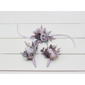  Wedding boutonnieres and wrist corsage  in lilac white color scheme. Flower accessories. 5059