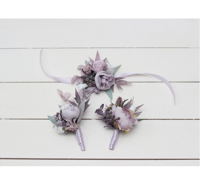 Wedding Boutonnieres & Wrist Corsage in Lilac & White | Faux Flower Accessories