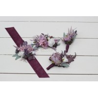  Wedding boutonnieres and wrist corsage  in lilac white mauve color scheme. Flower accessories. 5059-1