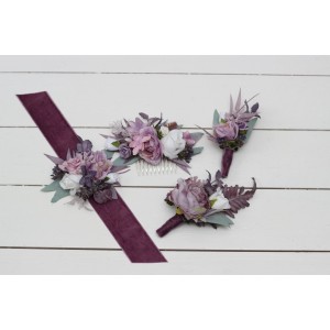  Wedding boutonnieres and wrist corsage  in lilac white mauve color scheme. Flower accessories. 5059-1