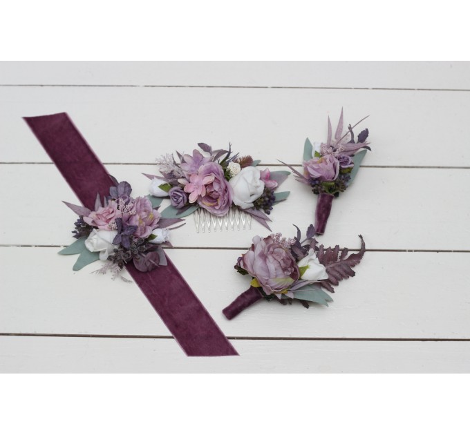  Wedding boutonnieres and wrist corsage  in lilac white mauve color scheme. Flower accessories. 5059-1