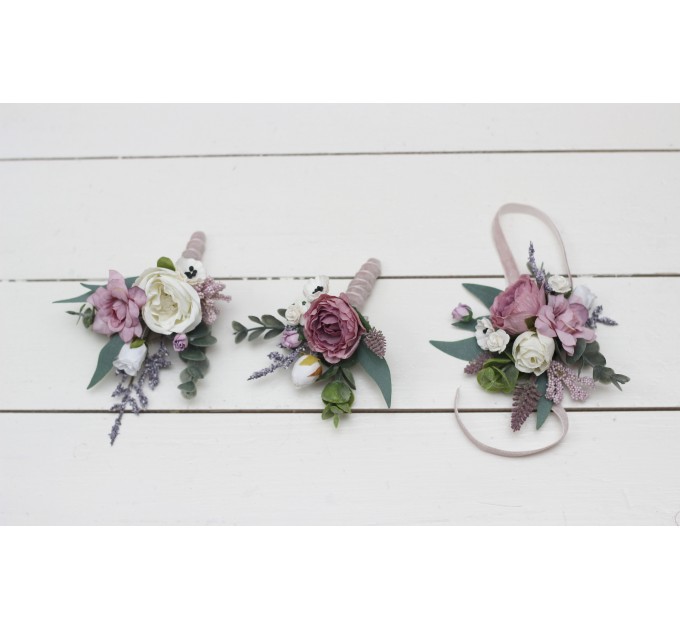  Wedding boutonnieres and wrist corsage  in lilac white mauve color scheme. Flower accessories. 5059-2